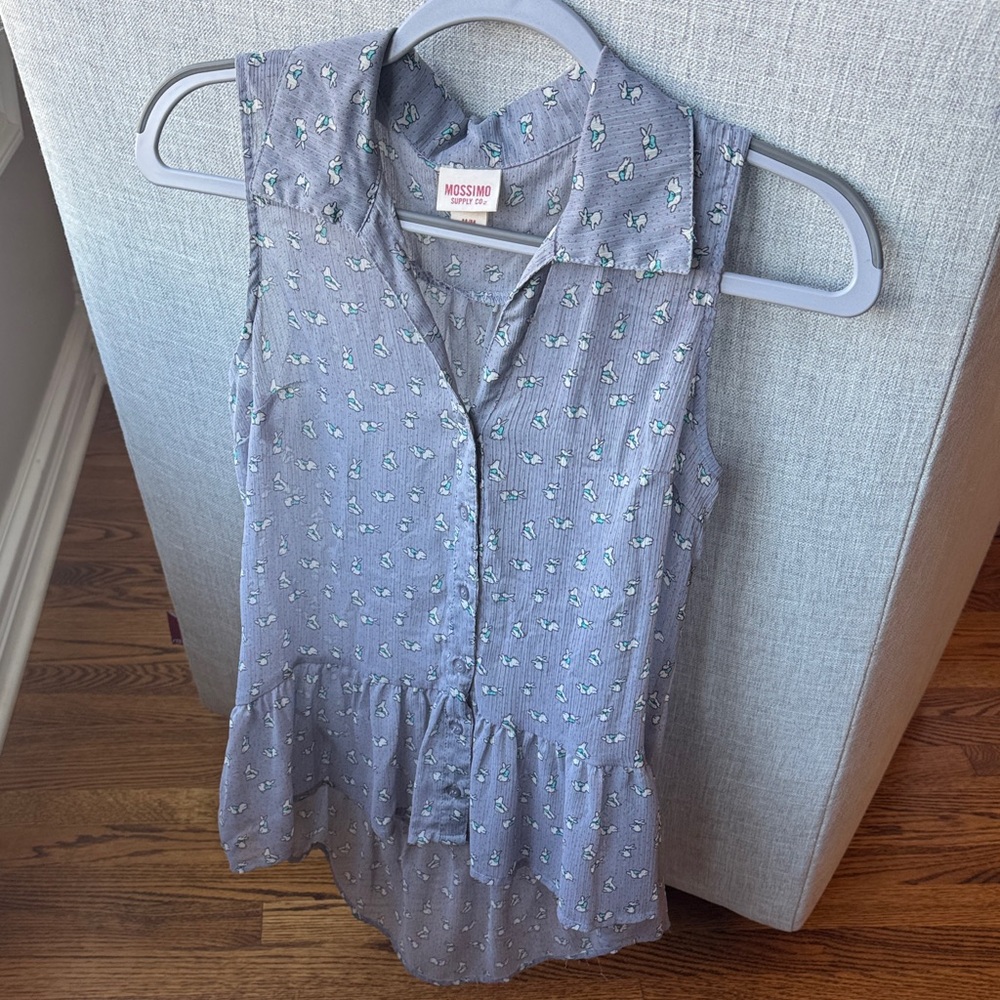 Little Bunnies! Blue Gray Sleeveless Blouse w/Pink Polka Dots Sz M